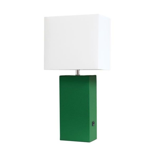 Elegant Garden Design Elegant Designs LT1053-GRN Modern Leather Table Lamp with USB & White Fabric Shade; Green LT1053-GRN